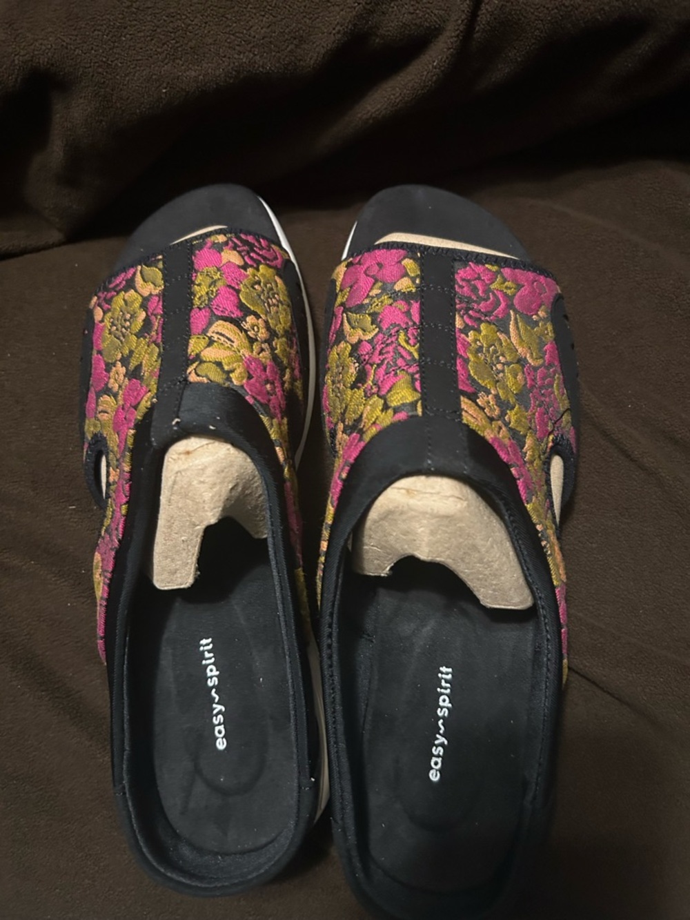 Easy Spirit Black Slip-On Mules with Pink and Gold Floral Brocade